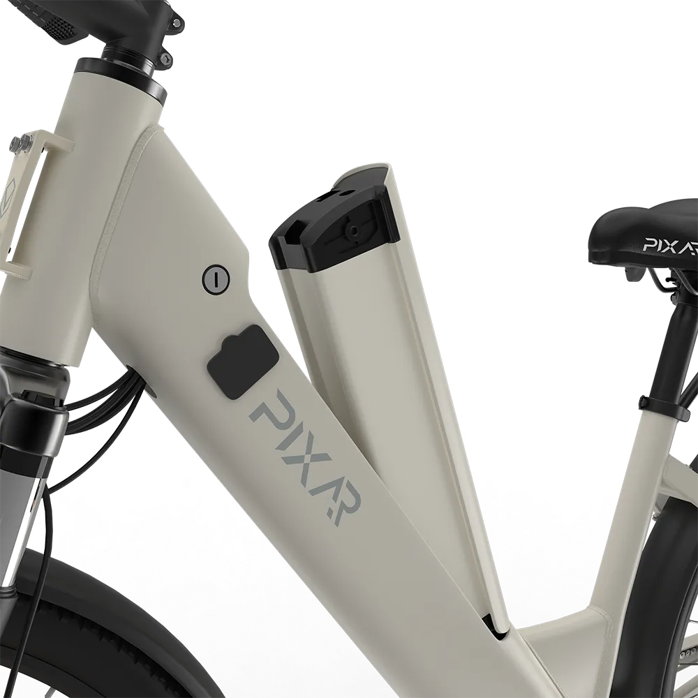 Removable battery partially lifted from a cream PIXAR C1 electric bike frame
