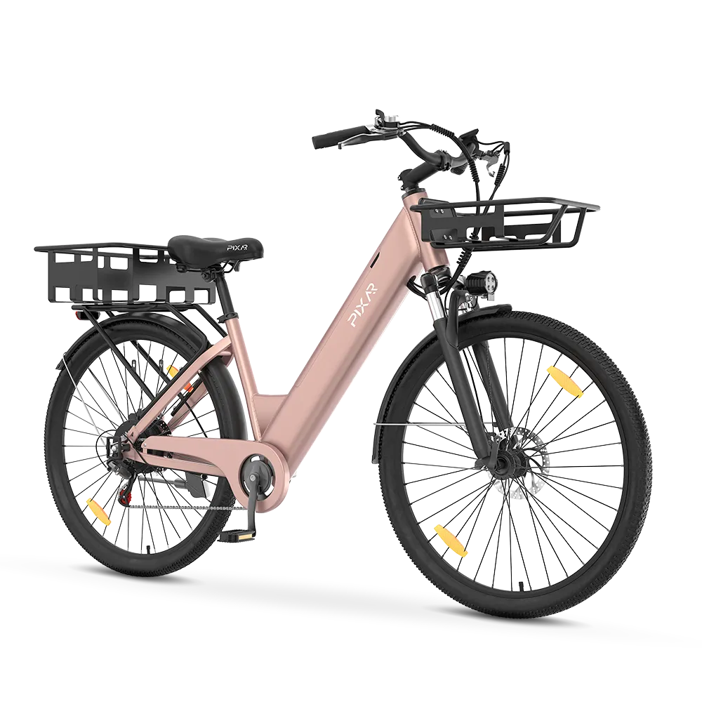 Pink PIXAR C1 electric bike with front and rear baskets